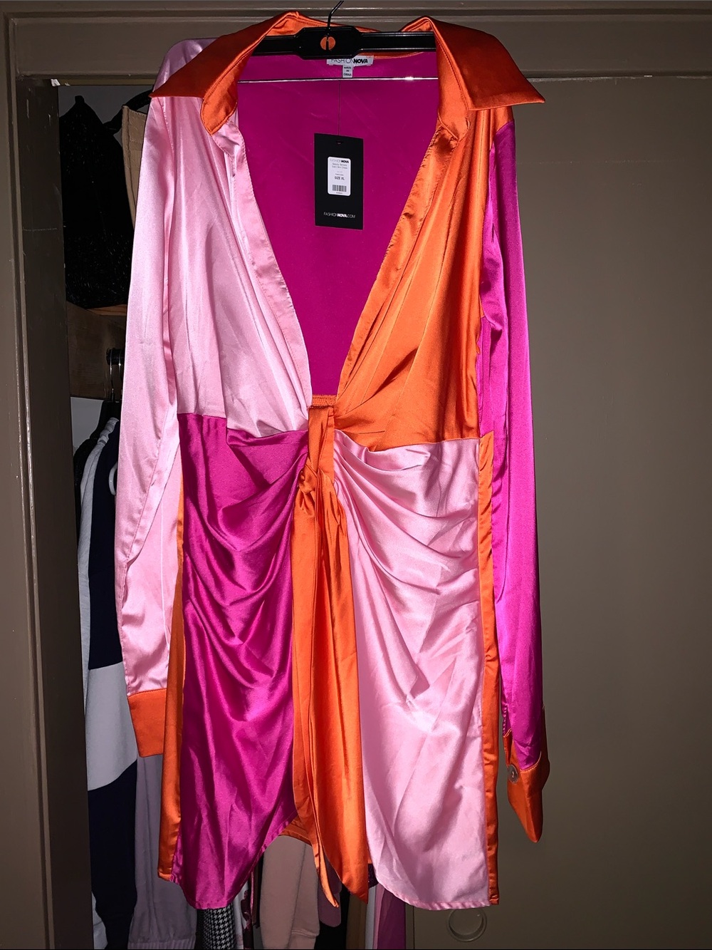 Fashion Nova Pink & Orange Satin Colorblock Tie-Front Mini Dress